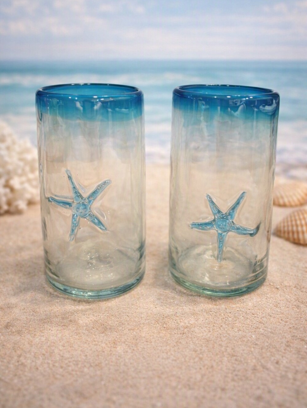 Blue Clear Ombre Beach Theam Glass Tumblers – Set of 2
